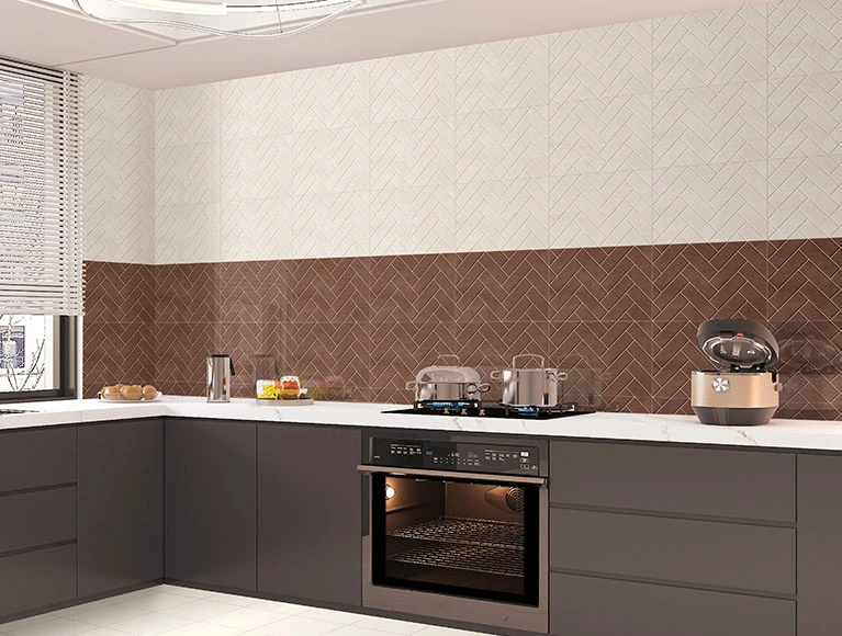 Simple kitchen design with floral pattern wall and inbuilt stove